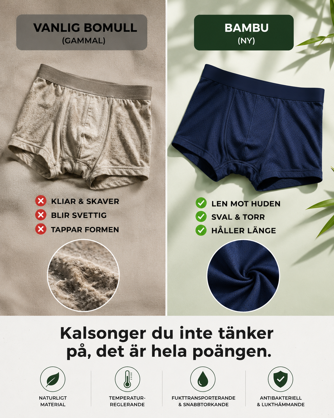 VENTILERANDE BAMBUKALSONGER Håller dig sval, torr och bekväm hela dagen