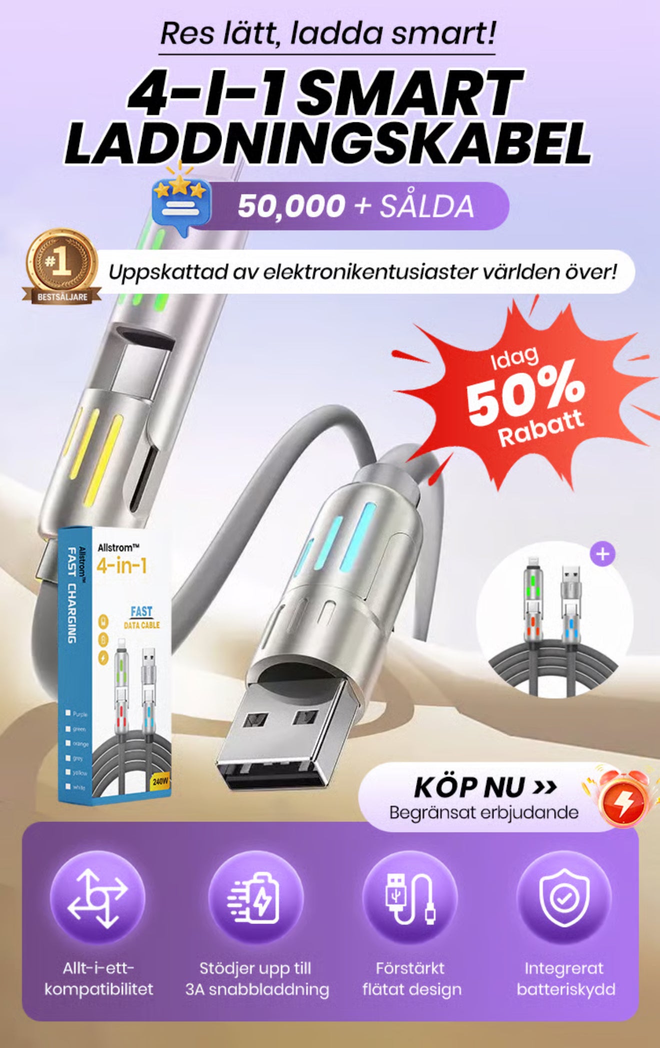 MFISH 4-i-1 Multi USB Laddkabel – 240W Snabbladdning och Datasynk