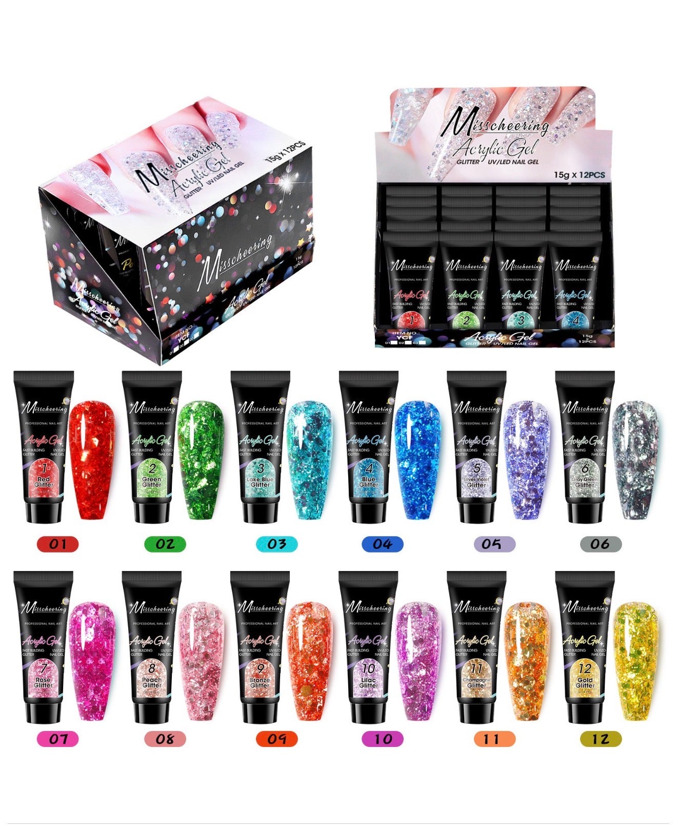 12st 15g(30ml)  Nagelförlängningsgel – Nagelbygggel, Poly Gel, Akrylgel för snabba UV/LED-förlängningar med kristalleffekt, smärtfritt kristalllim