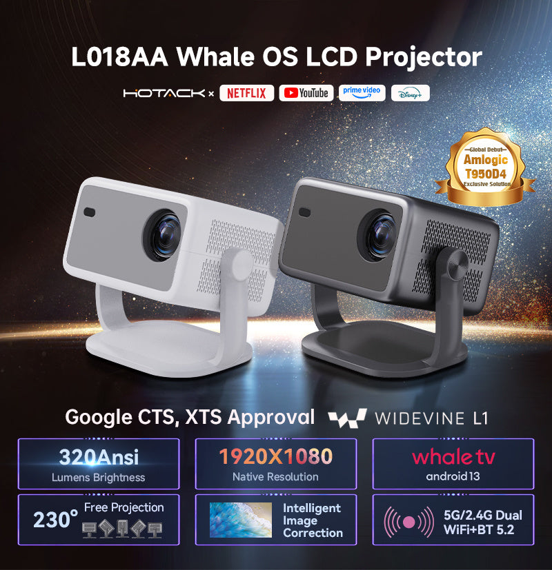 L018AA Whale OS LCD-projektor 320 ANSI-lumen, 1920x1080p-upplösning, Android 13 och officiellt auktoriserad av Netflix, YouTube etc.